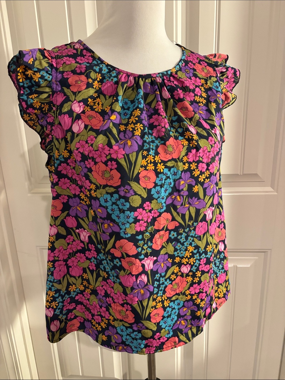 Women's Multicolor Floral Flutter-Sleeve Blouse - Black Base - Picture 1 of 6
